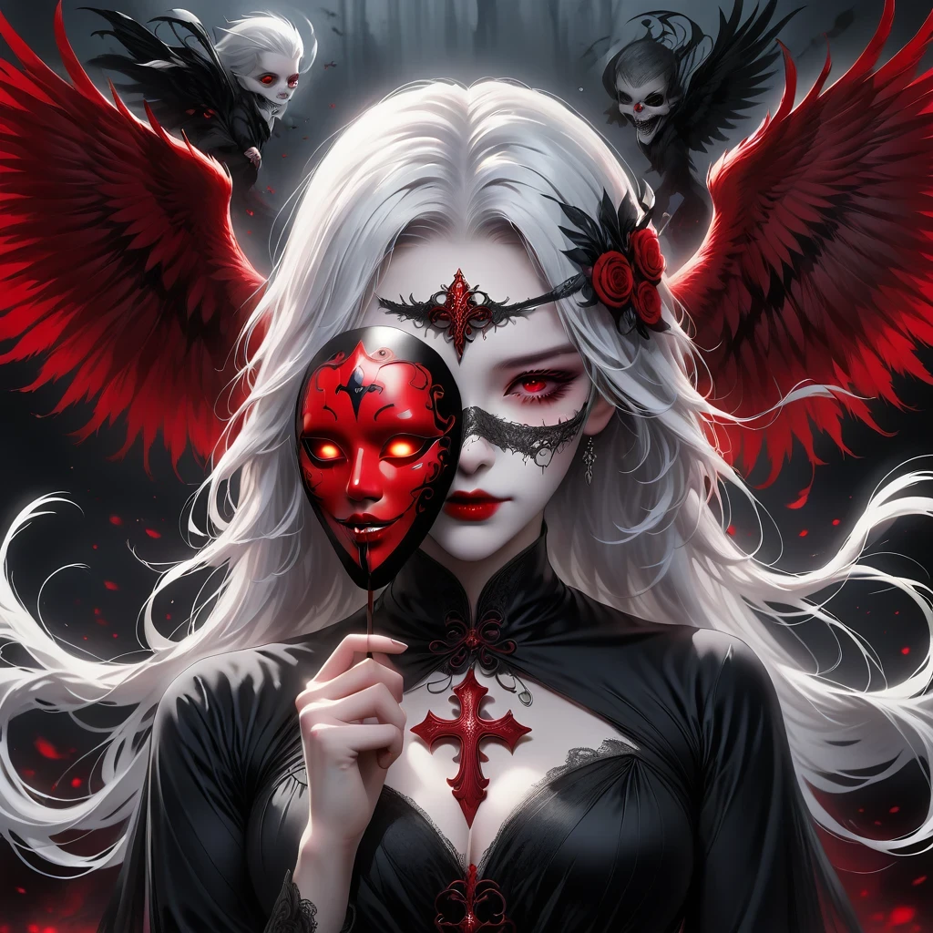 （Hand holding mask：1.5），（White-haired ghost，straight hair，Red eyes），（gothic art），（Fear：1.5），（correct human anatomy：1.37）
