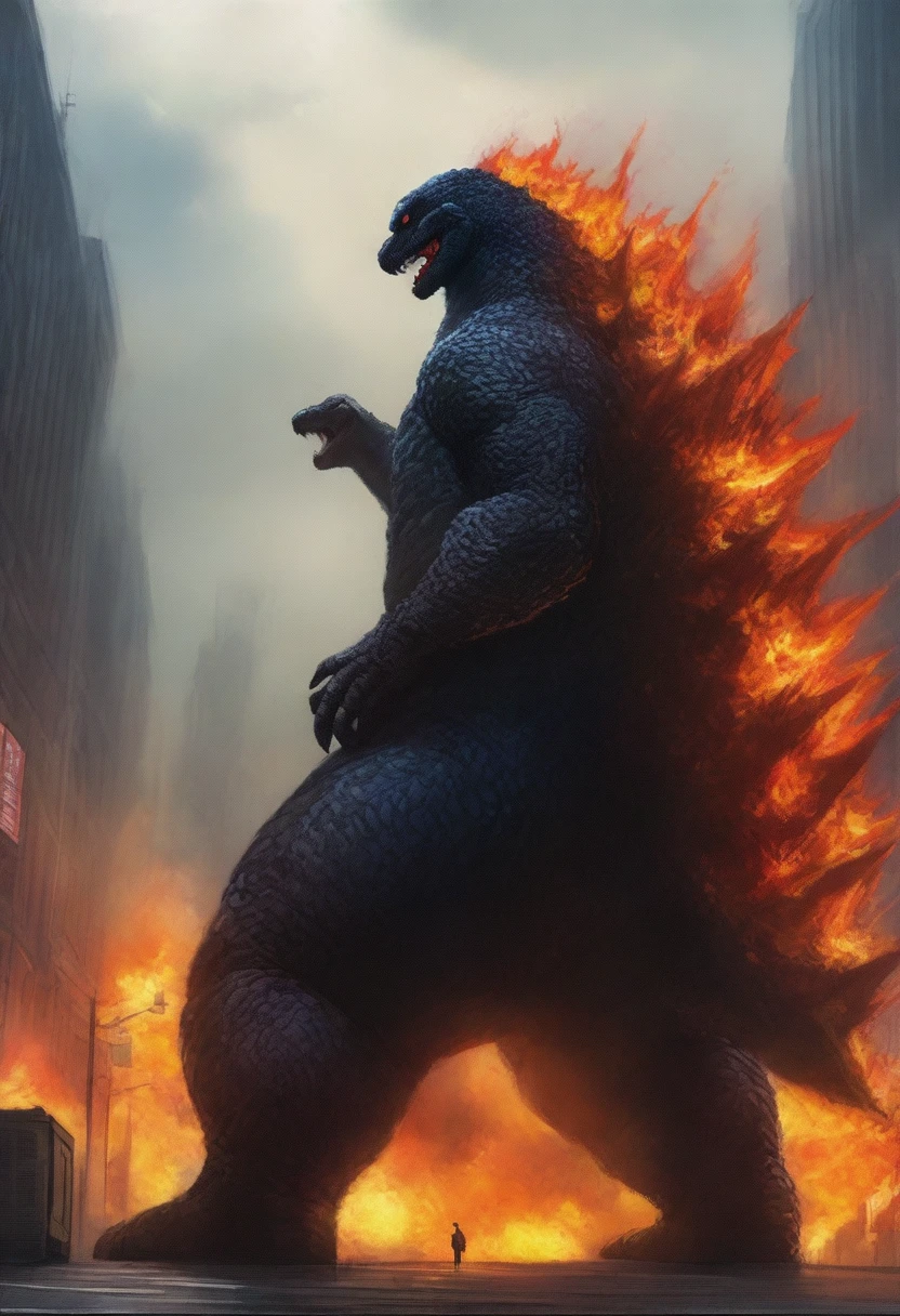 masterpiece, best quality, very aesthetic, cloudy daylight,
GodzillaXP, monster, godzilla,  full body shot from side, looking at the viewer, blue eyes, yellow spines, 
in city center, fire, explosion,