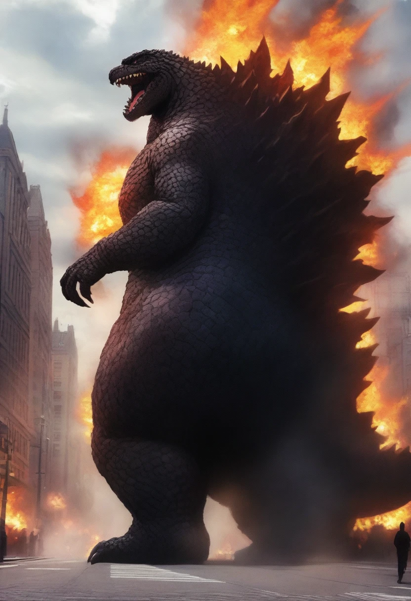 masterpiece, best quality, very aesthetic, cloudy moonlight,
monster, godzilla,  full body shot from side, looking at the viewer, blue eyes, yellow spines, 
in city center, fire, explosion,