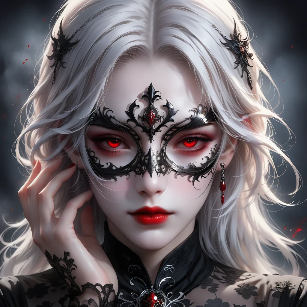 (Hand holding mask:1.5),(White-haired ghost,straight hair,Red eyes),(gothic art),(Fear:1.5),(correct human anatomy:1.37)