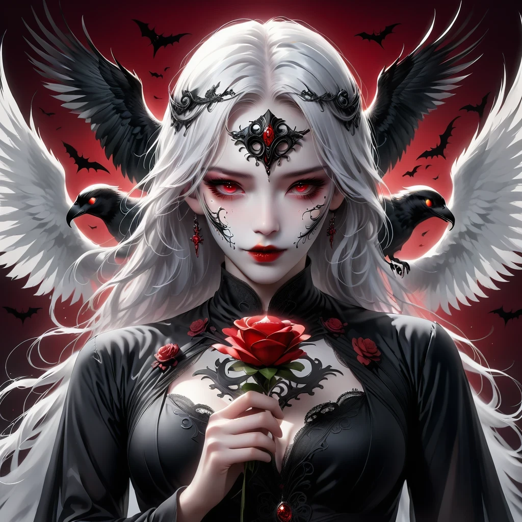 (Hand holding mask:1.5),(White-haired ghost,straight hair,Red eyes),(gothic art),(Fear:1.5),(correct human anatomy:1.37)