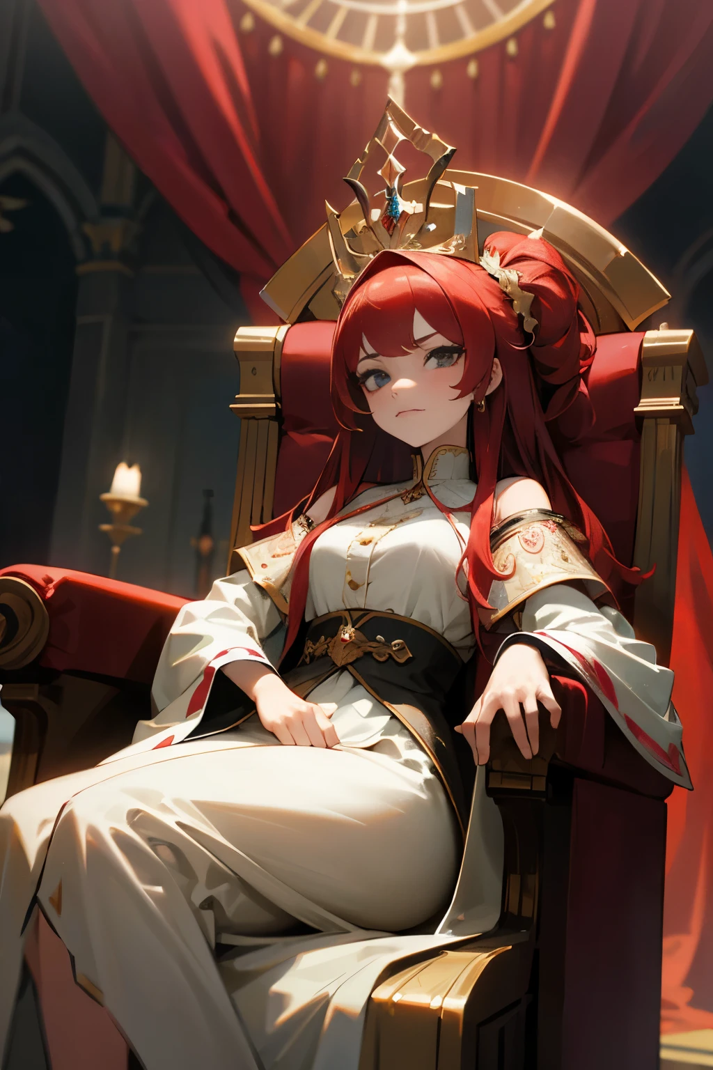 In a magnificent palace,A noble queen,Sitting on a high throne,(4k),gloomy expression,red hair,(highest quality),Makes the two sides of her face look completely different