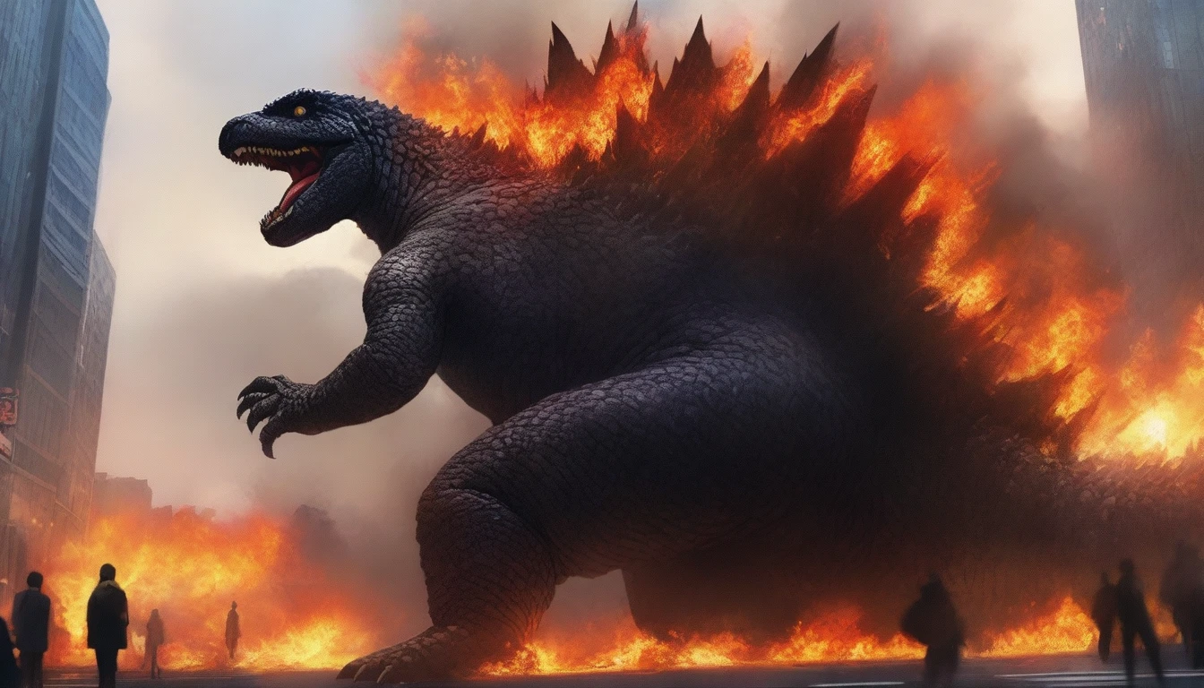 masterpiece, best quality, very aesthetic, cloudy daylight,
GodzillaXP, monster, godzilla,  full body shot from side, looking at the viewer, blue eyes, yellow spines, 
in city center, fire, explosion,