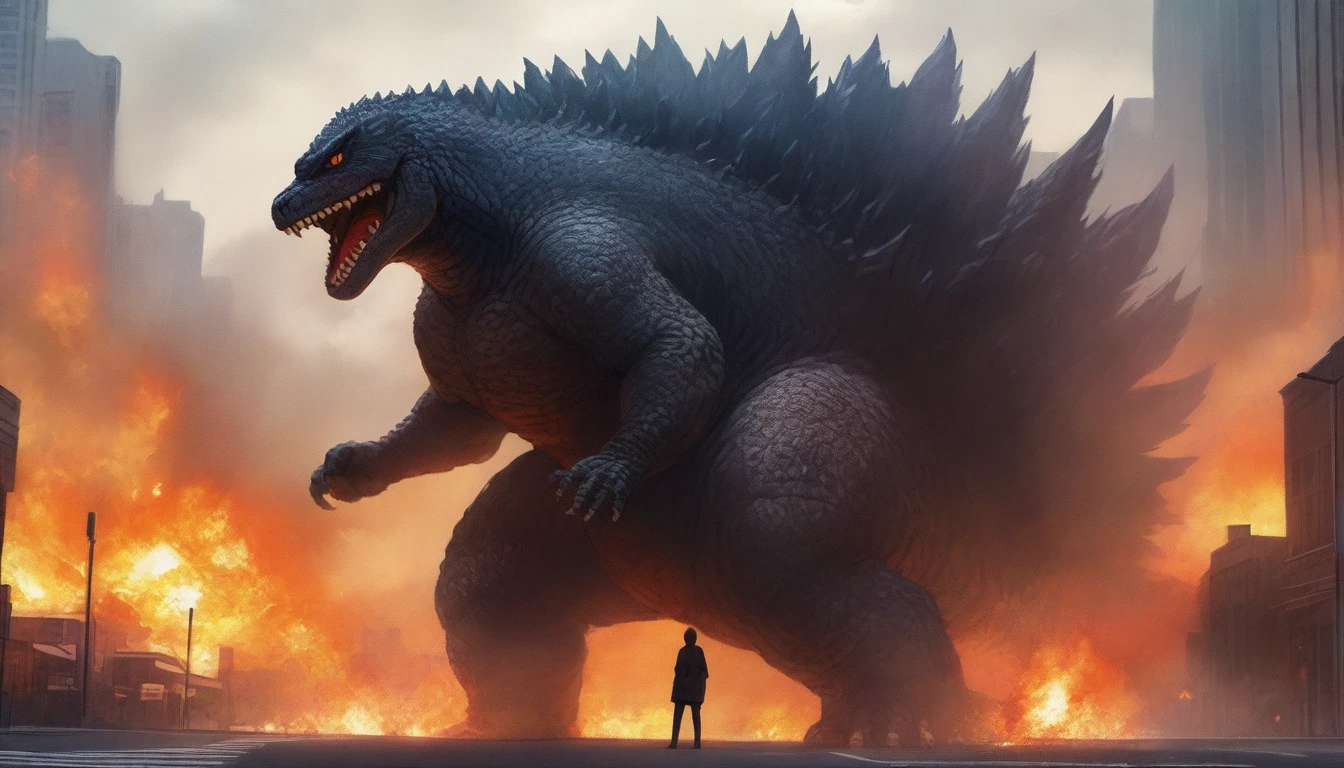 masterpiece, best quality, very aesthetic, cloudy daylight,
GodzillaXP, monster, godzilla,  full body shot from side, looking at the viewer, blue eyes, yellow spines, 
in city center, fire, explosion,