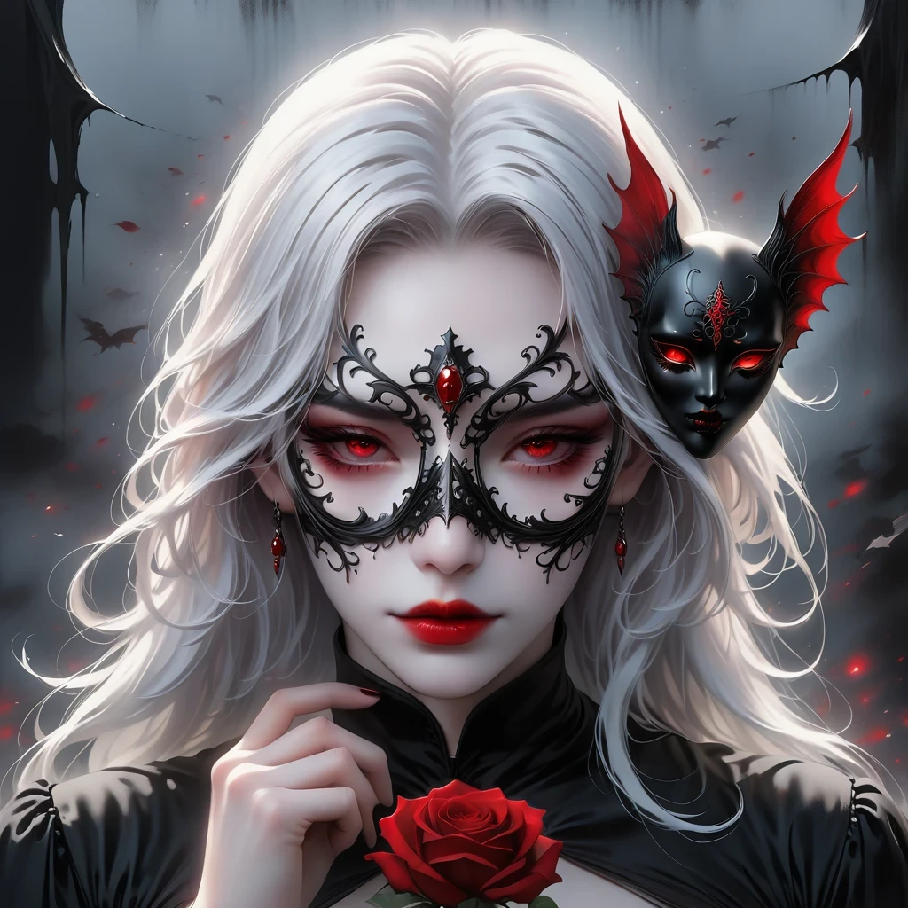 (Hand holding mask:1.5),(White-haired ghost,straight hair,Red eyes),(gothic art),(Fear:1.5),(correct human anatomy:1.37)
