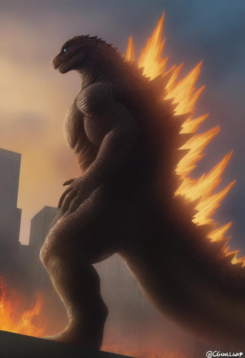 masterpiece, best quality, very aesthetic, cloudy moonlight,
monster, godzilla,  full body shot from side, looking at the viewer, blue eyes, yellow spines, 
in city center, fire, explosion,