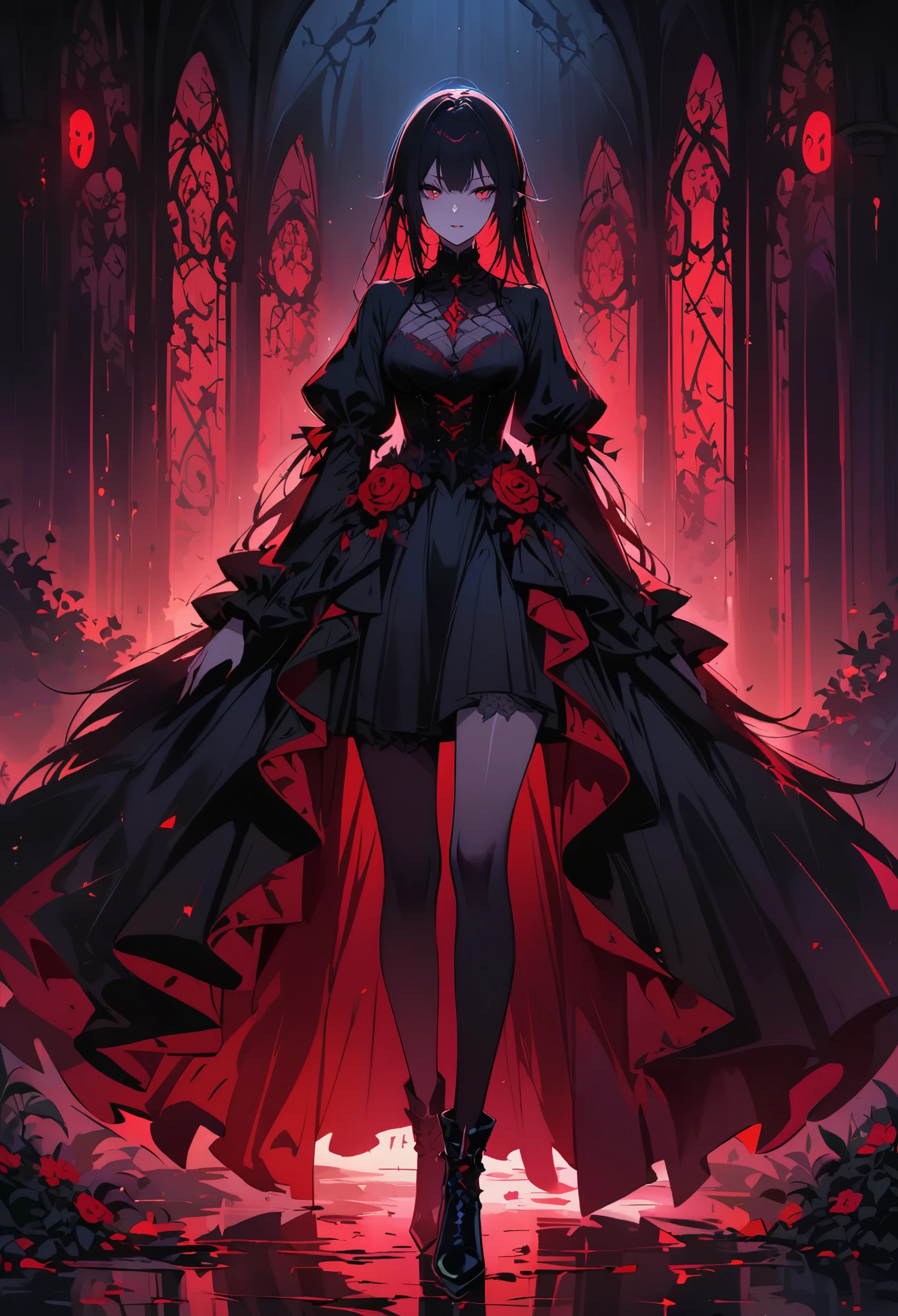 dark and mysterious,night,Rain of blood,gothic anime girl,Let me show you the God of Death!哥特式非同寻常的artistic masterpiece,ominous clouds,unforgettably beautiful,Ethereal moonshine,weird shadow,strong contrast,creepy,artistic masterpiece,Detailed texture,dark palette,ominous atmosphere,Impressive artistry,Exquisite details,Gothic architecture,dramatic lighting,Vibrant red hue,ominous numbers,Strange symbols,Surreal elements