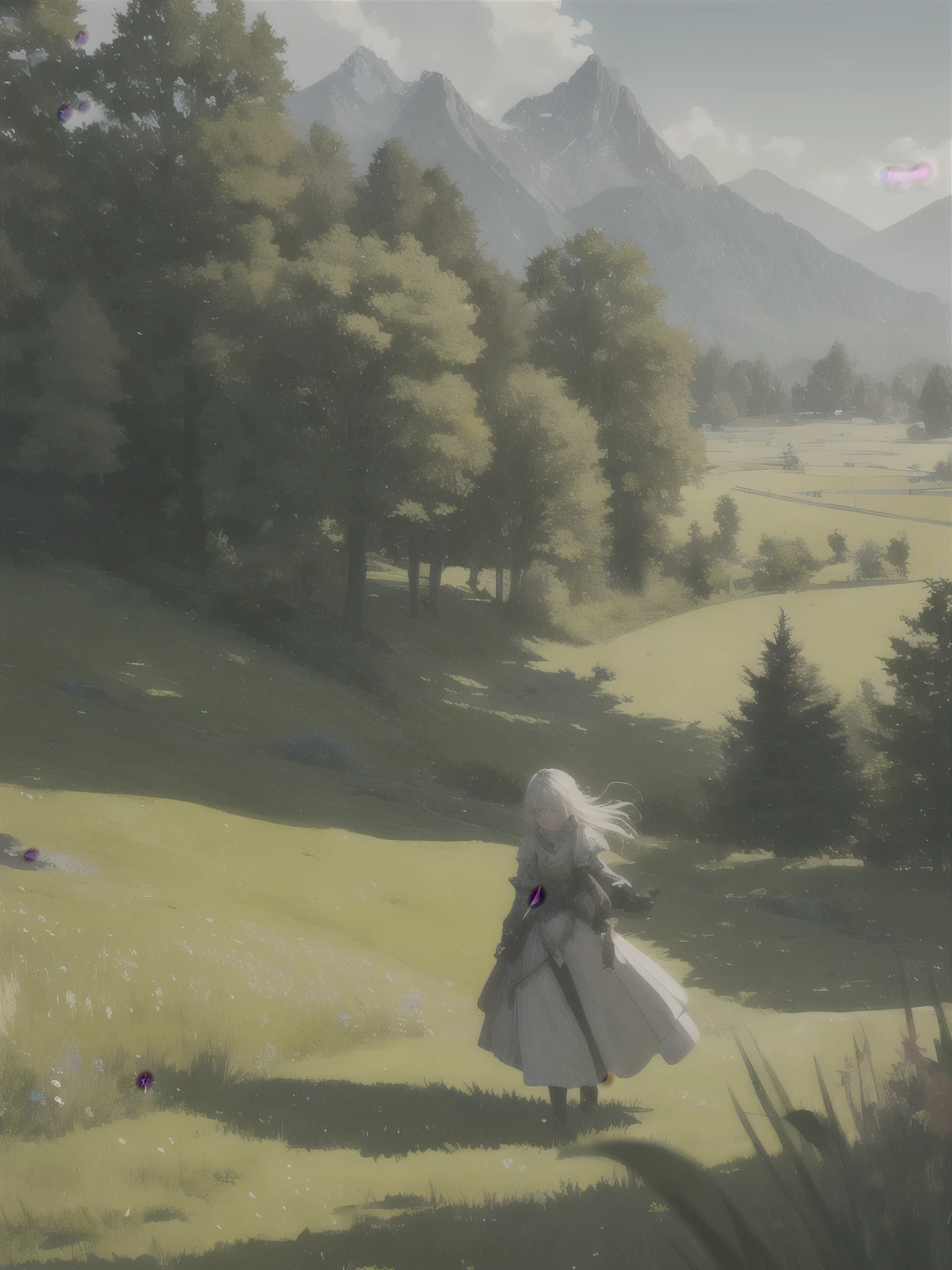 In a green meadow stands a girl leading a group of knights.
BREAK
With a brave expression, she guides them towards their destination.
BREAK
Behind her, a green forest stretches out and beyond that, mountains rise in the distance.
BREAK
The most suitable effect for this scene would be a watercolor painting technique to capture the softness of the meadow and the fluidity of the movement.