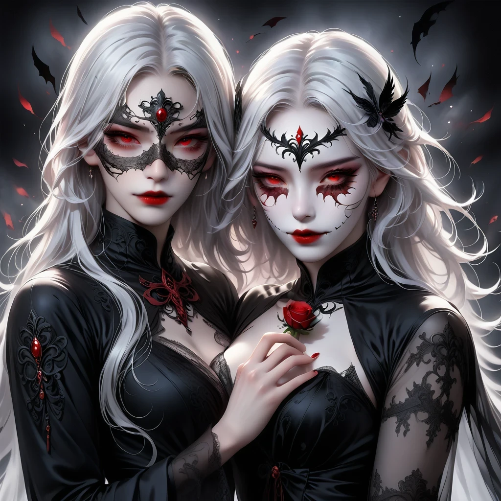 （Hand holding mask：1.5），（White-haired ghost，straight hair，Red eyes），（gothic art），（Fear：1.5），（correct human anatomy：1.37）