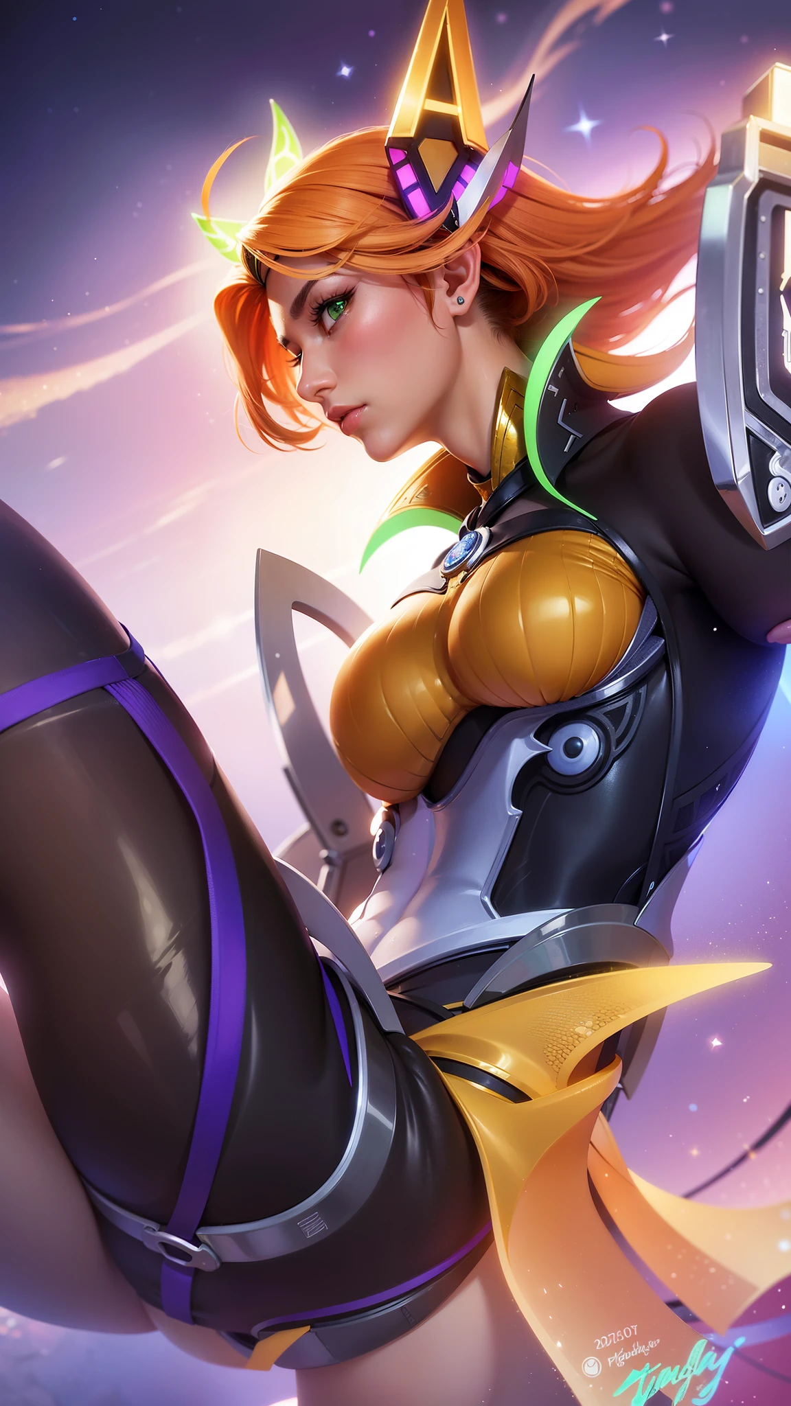 (female:1.2), 8k, ultra hd, ultra detailed texture, hyper realistic, masterpiece, detailed texture, detailed face, detailed skin, detailed lighting, (photorealistic:1.5), best quality, beautiful lighting, cinematic lighting, professional lighting, ultra highres, realistic, detailed hair, real hair, high quality, (realskin:1.5), extremely detailed, finely detail, ultra-detailed, 1girl, solo, elf, pointy ears, headgear, floating, (green eyes:1.5), lips, parted lips, white skin, nose, pretty, beautiful, make up, cute face, short hair, orange hair, large breasts, thigh, ass, pauldrons, gloves, bodysuit, Long sleeve, high collar, armor shoulder, eudora \(mobile legends\), from behind, depth of field, looking aways, projectile, aurora, galaxy, skin tight, amazing pose, glowing, blurry background