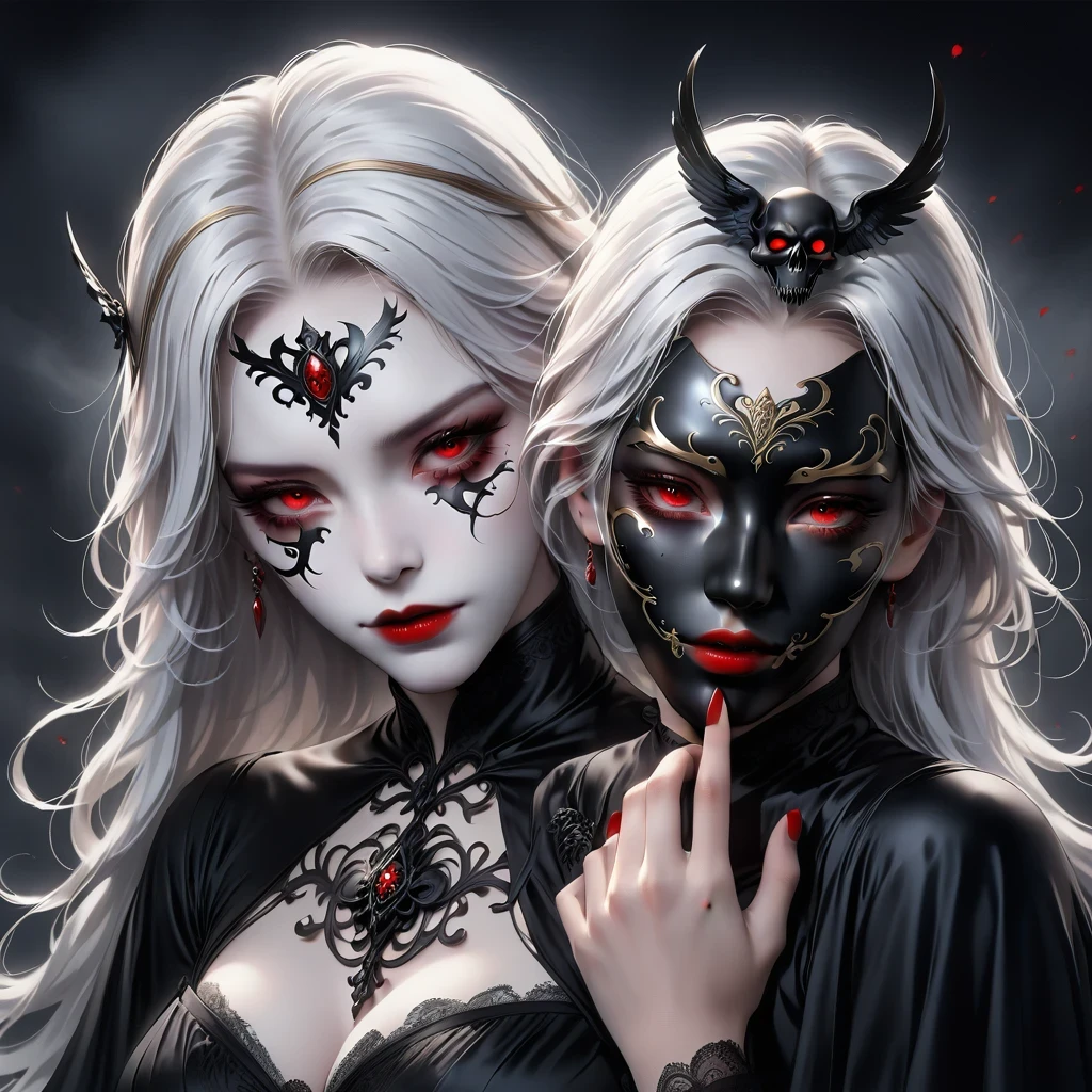(Hand holding mask:1.5),(White-haired ghost,straight hair,Red eyes),(gothic art),(Fear:1.5),(correct human anatomy:1.37)