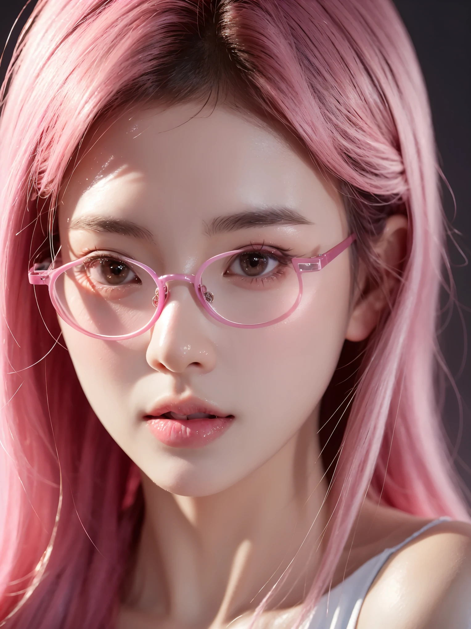 Close-up of a woman with Pink hair wearing glasses, artwork in Guvez style, Guvez, kawaii realistic portrait, Inspired by Cheng Yanjun, glowing Pink face, Pink girl, Beautiful anime portrait, Pink glasses, glowing Pink eyes, Realistic anime 3D style, Yanjuncheng, Realistic anime art style, ((Pink)8K