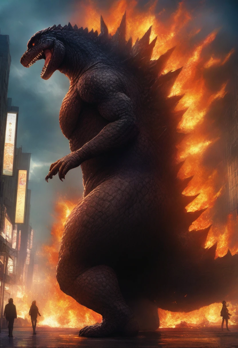 masterpiece, best quality, very aesthetic, cloudy moonlight,
monster, godzilla,  full body shot from side, looking at the viewer, blue eyes, yellow spines, 
in city center, fire, explosion,