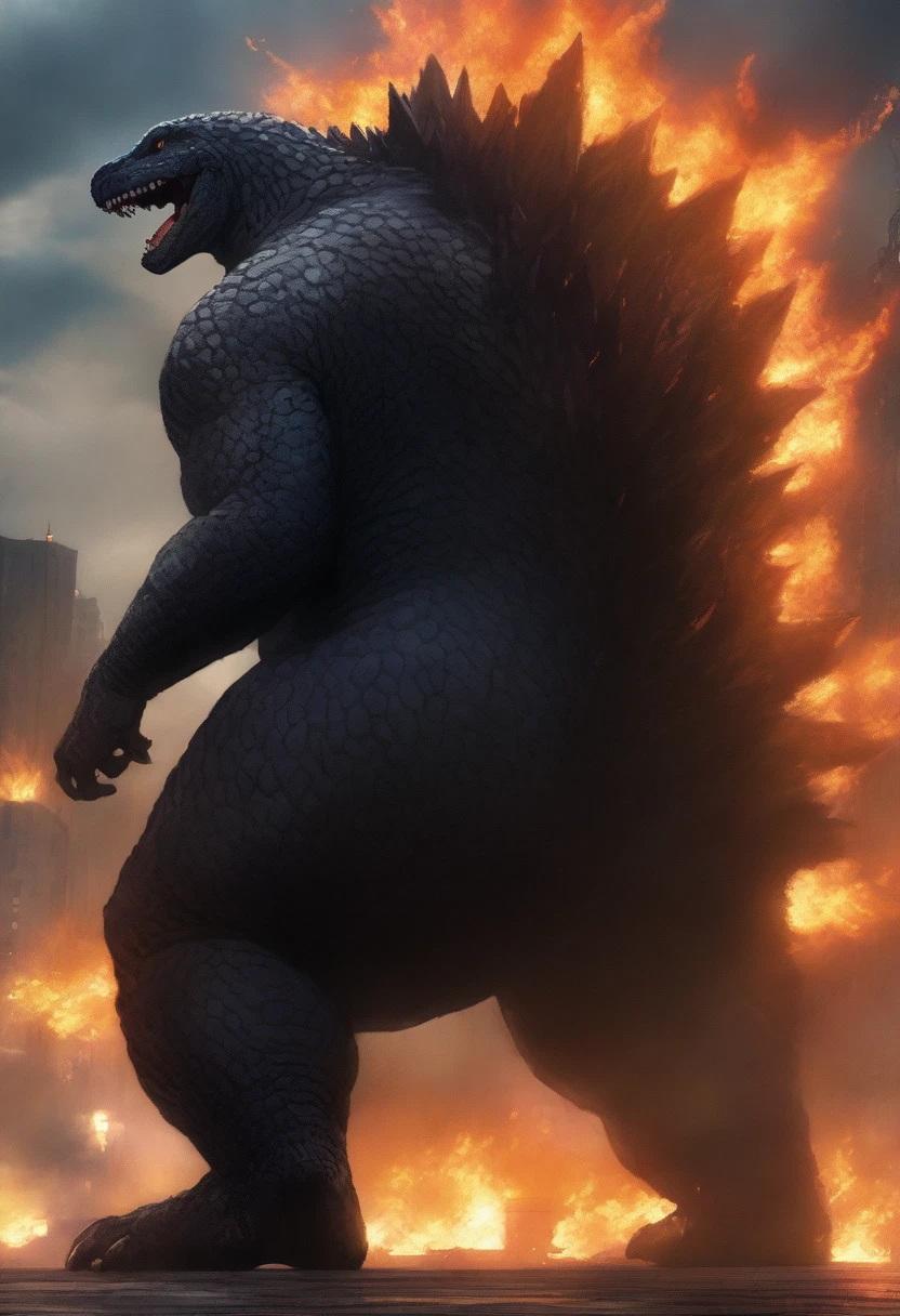 masterpiece, best quality, very aesthetic, cloudy moonlight,
monster, godzilla,  full body shot from side, looking at the viewer, blue eyes, yellow spines, 
in city center, fire, explosion,