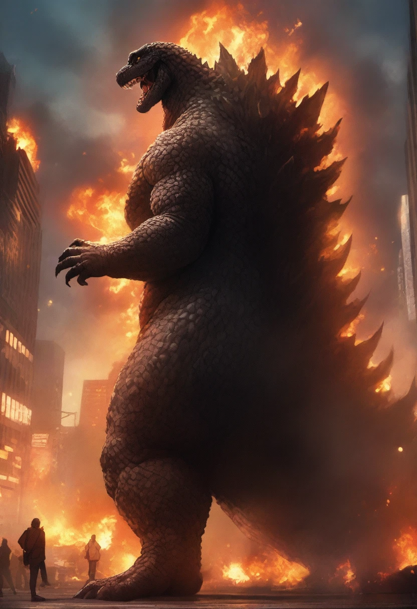 masterpiece, best quality, very aesthetic, cloudy moonlight,
monster, godzilla,  full body shot from side, looking at the viewer, blue eyes, yellow spines, 
in city center, fire, explosion,