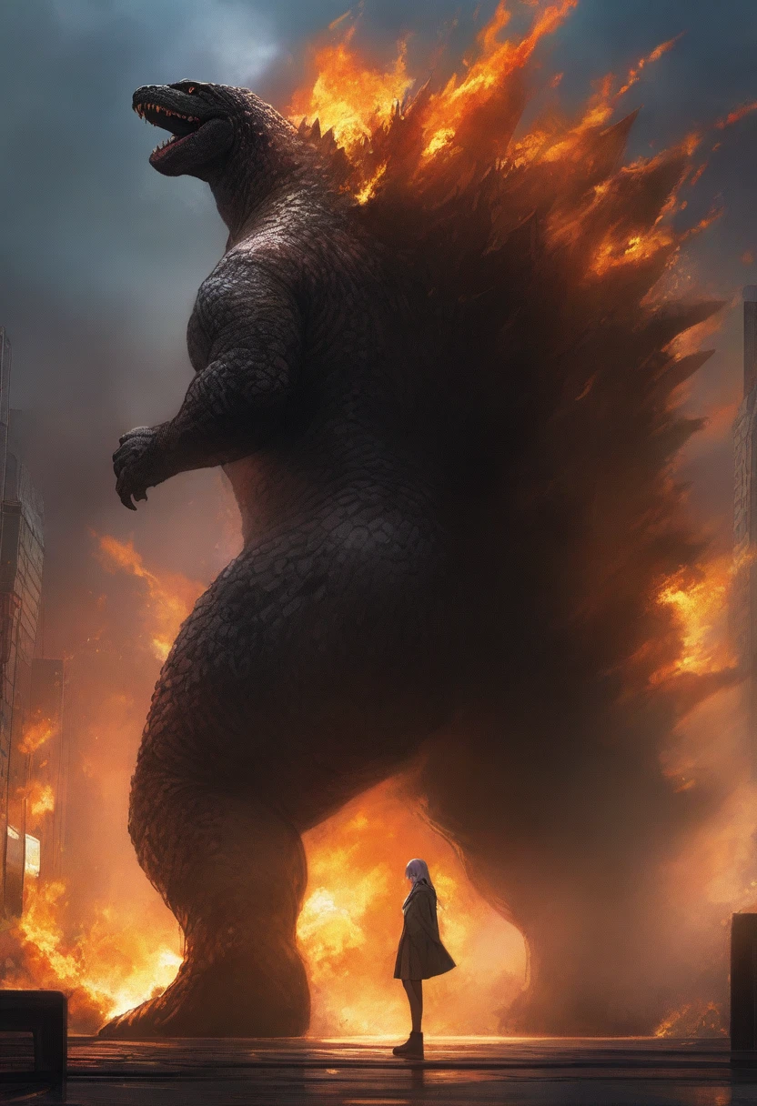 masterpiece, best quality, very aesthetic, cloudy moonlight,
monster, godzilla,  full body shot from side, looking at the viewer, blue eyes, yellow spines, 
in city center, fire, explosion,