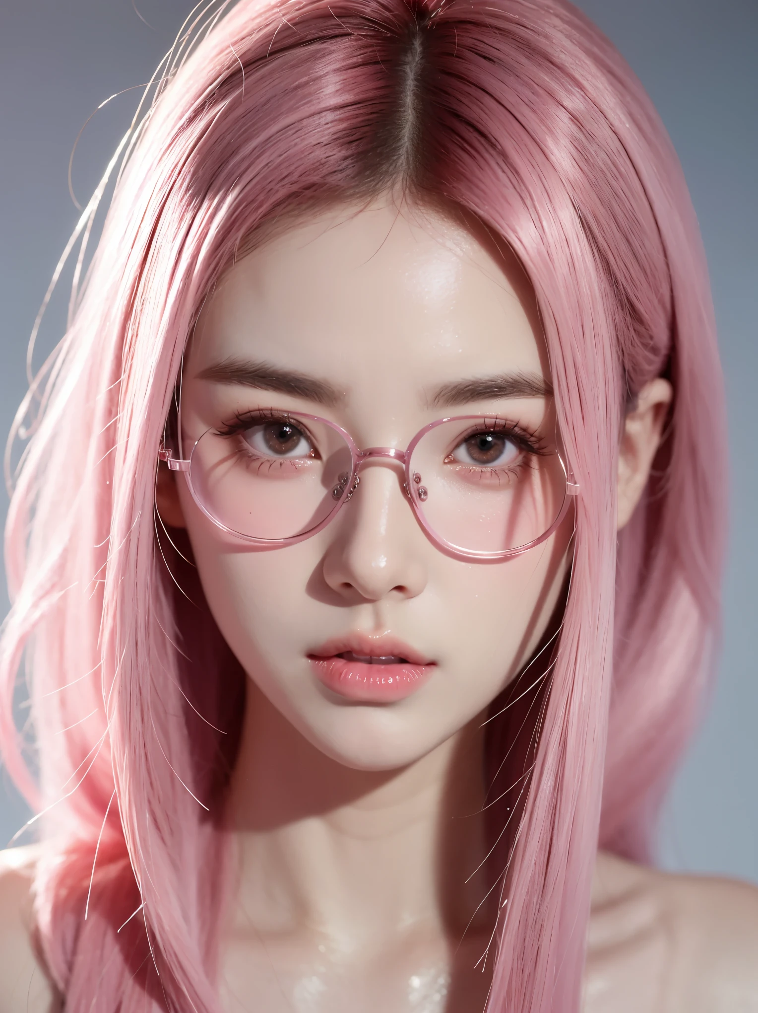 Close-up of a woman with Pink hair wearing glasses, artwork in Guvez style, Guvez, kawaii realistic portrait, Inspired by Cheng Yanjun, glowing Pink face, Pink girl, Beautiful anime portrait, Pink glasses, glowing Pink eyes, Realistic anime 3D style, Yanjuncheng, Realistic anime art style, ((Pink)8K