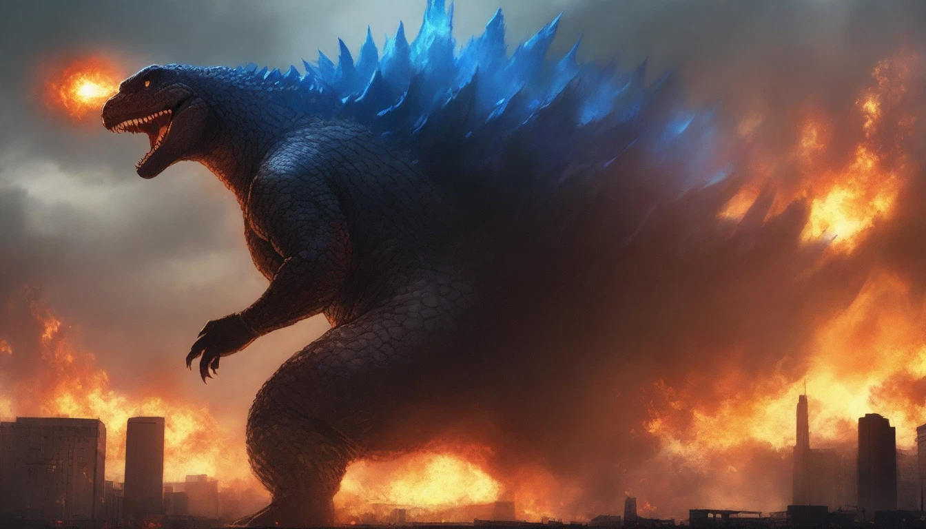 masterpiece, best quality, very aesthetic, cloudy moonlight,
monster, godzilla,  full body shot from side, looking at the viewer, blue eyes, yellow spines, 
in city center, fire, explosion,