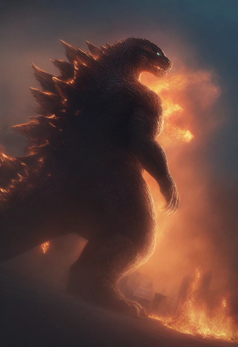 masterpiece, best quality, very aesthetic, cloudy moonlight,
monster, godzilla,  full body shot from side, looking at the viewer, blue eyes, yellow spines, 
in city center, fire, explosion,