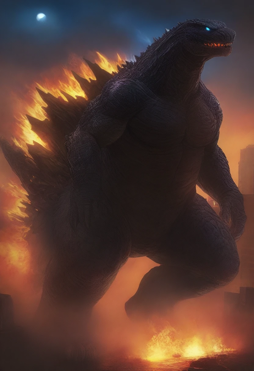 masterpiece, best quality, very aesthetic, cloudy moonlight,
monster, godzilla,  full body shot from side, looking at the viewer, blue eyes, yellow spines, 
in city center, fire, explosion,