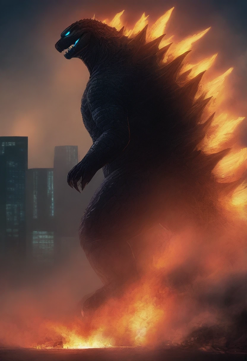 masterpiece, best quality, very aesthetic, cloudy moonlight,
monster, godzilla,  full body shot from side, looking at the viewer, blue eyes, yellow spines, 
in city center, fire, explosion,