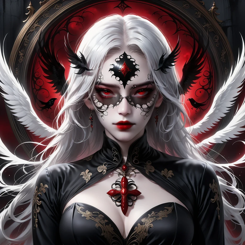 (Hand holding mask:1.5),(White-haired ghost,straight hair,Red eyes),(gothic art),(Fear:1.5),(correct human anatomy:1.37)