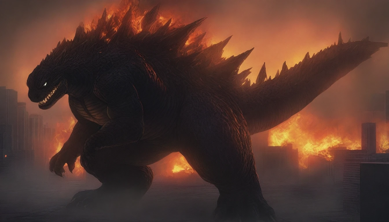 masterpiece, best quality, very aesthetic, cloudy moonlight,
monster, godzilla,  full body shot from side, looking at the viewer, blue eyes, yellow spines, 
in city center, fire, explosion,