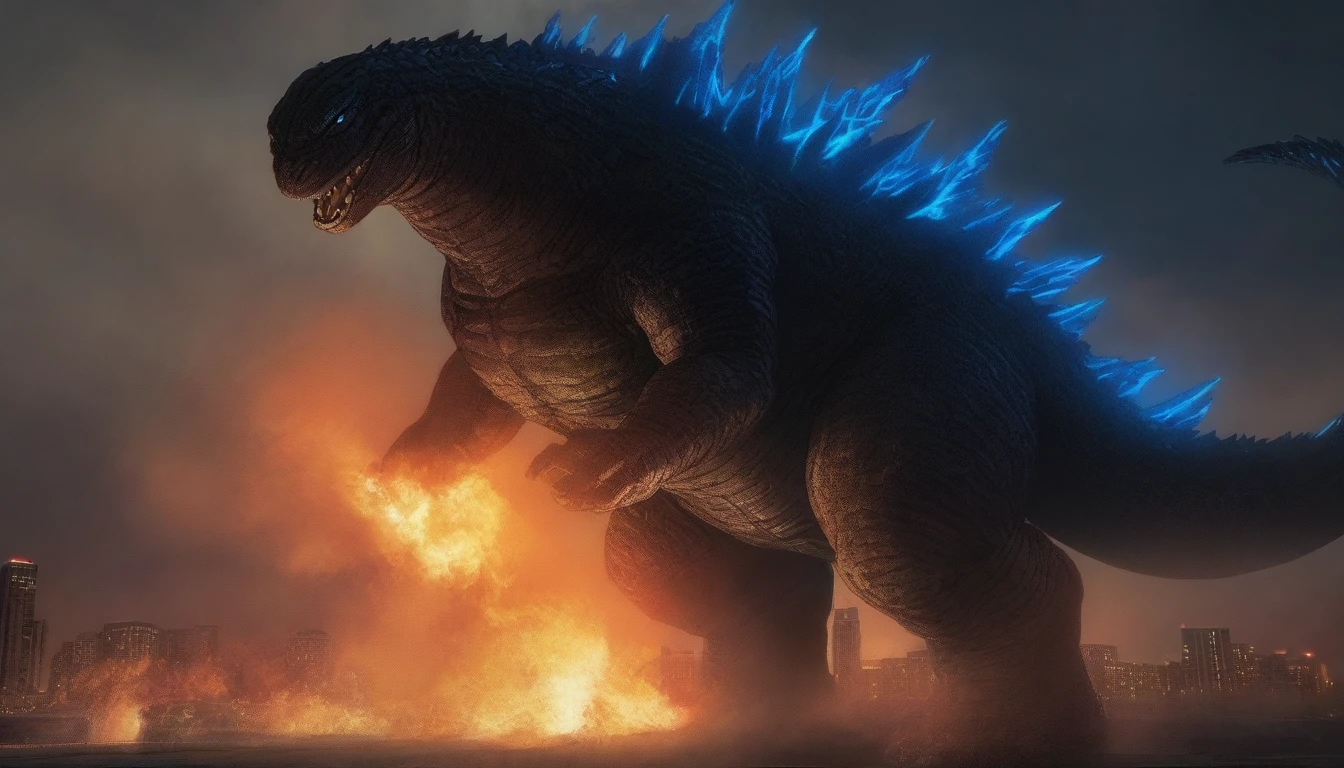 masterpiece, best quality, very aesthetic, cloudy moonlight,
monster, godzilla,  full body shot from side, looking at the viewer, blue eyes, yellow spines, 
in city center, fire, explosion,