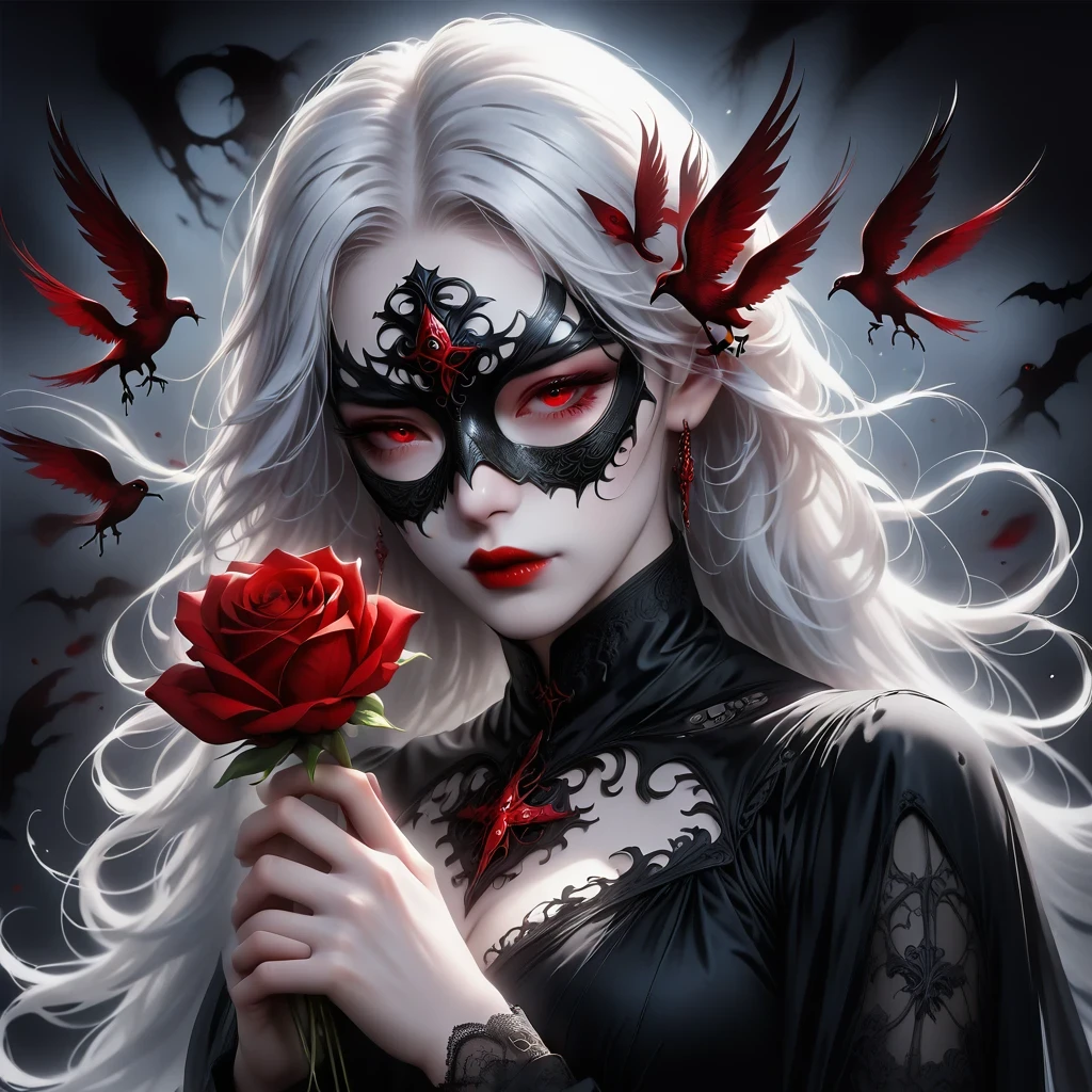 (Hand holding mask:1.5),(White-haired ghost,straight hair,Red eyes),(gothic art),(Fear:1.5),(correct human anatomy:1.37)