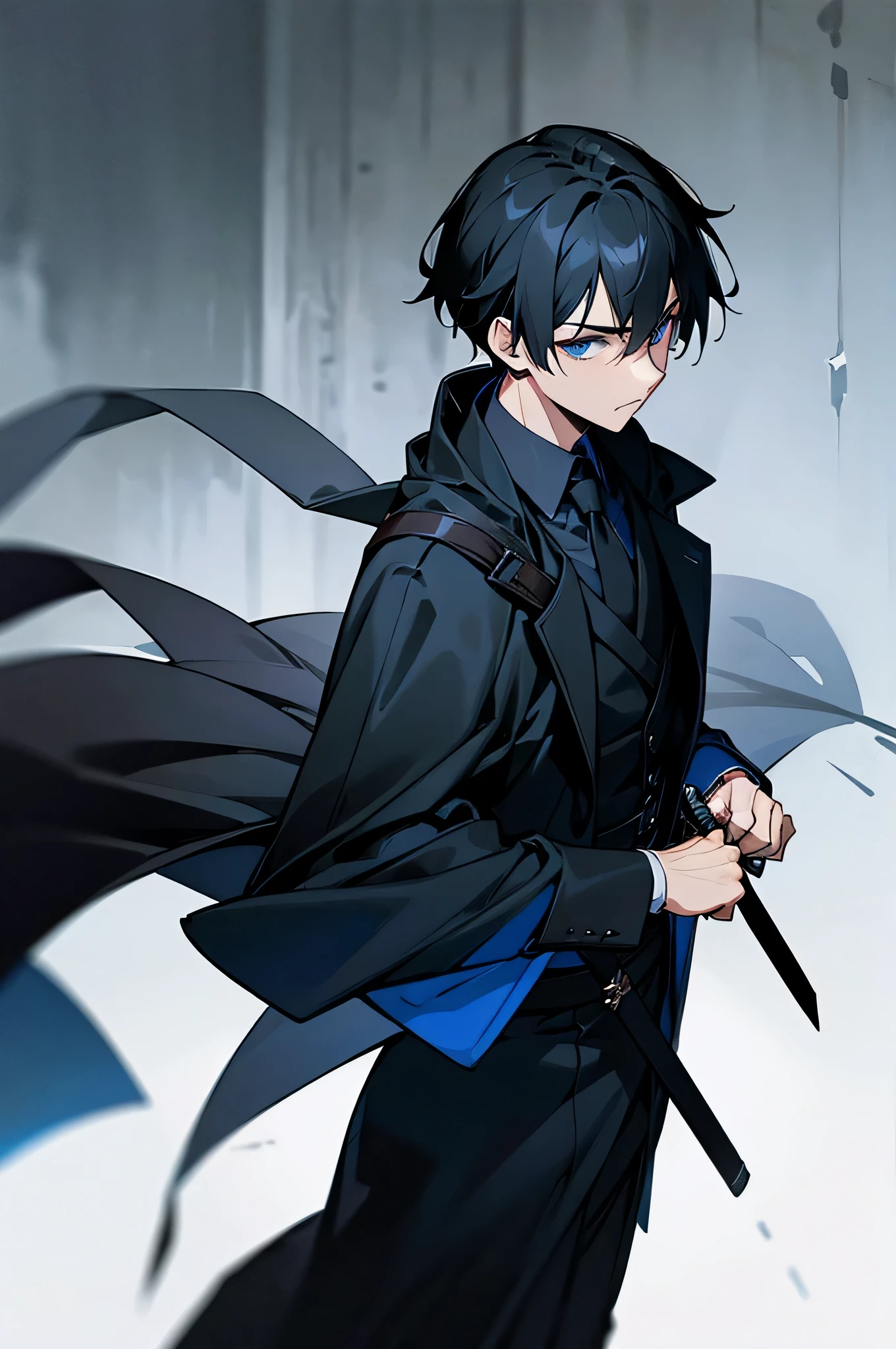 1 male, young adult, Black Hair, Black suit, Assassin Cloak, Dark Blue Eyes, Knife , dark alley background.