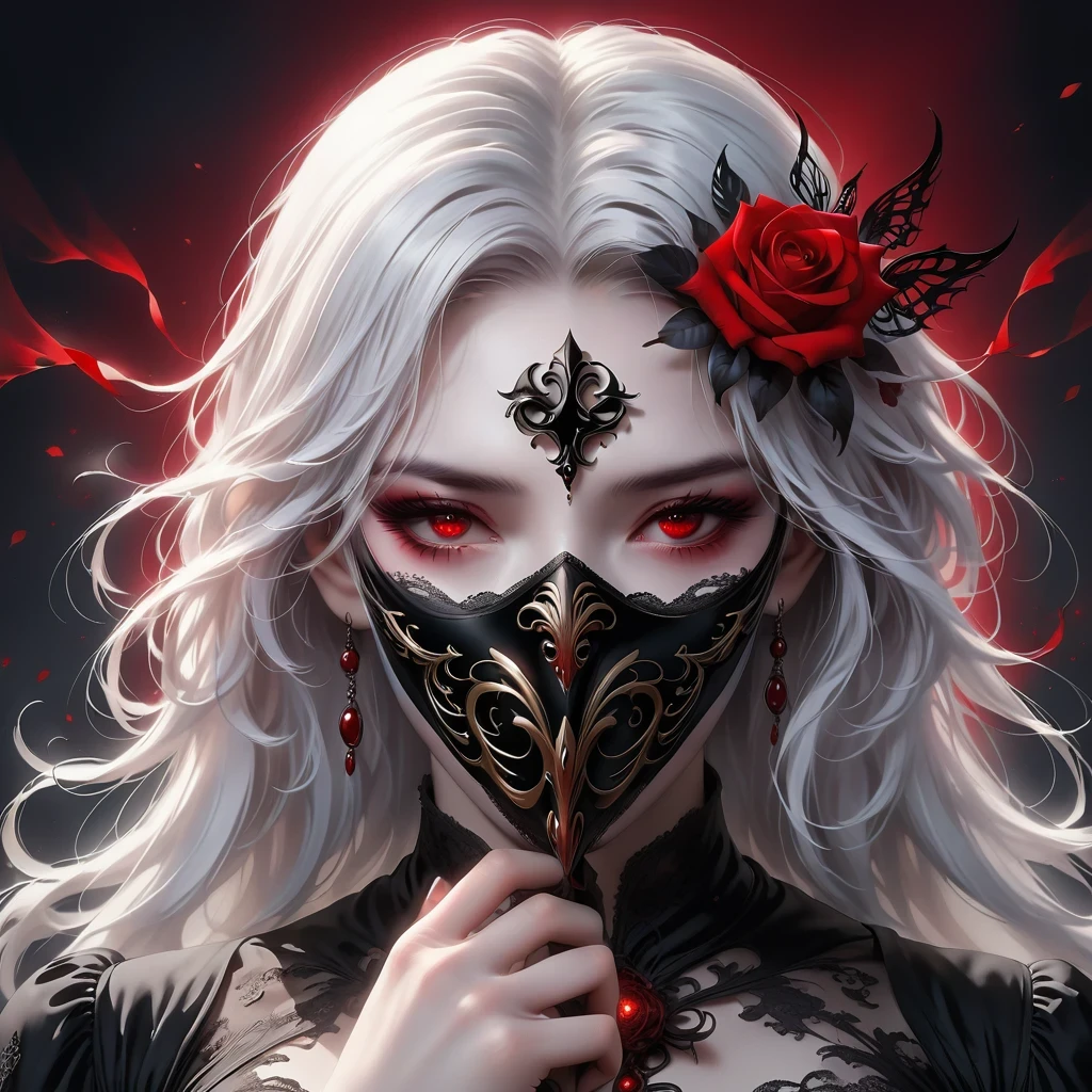 （Hand holding mask：1.5），（White-haired ghost，straight hair，Red eyes），（gothic art），（Fear：1.5），（correct human anatomy：1.37）