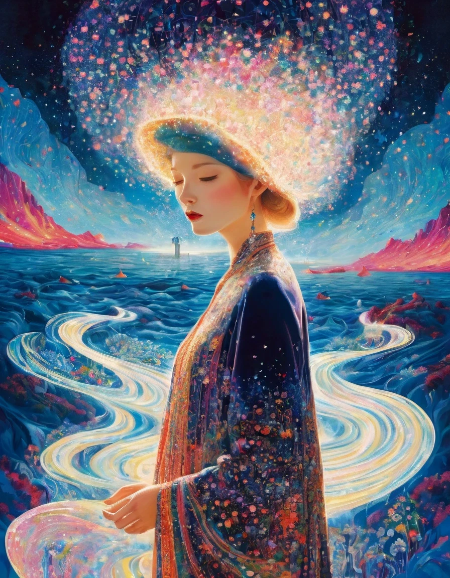 in style of Marie Laurencin, beautiful details，1 Beautiful girl standing in glowing text waves，Beautiful surreal,   magic, orientalisme, (Kay Nielsen's (Kay Nielsen) Illustrations drawn by Ryan McGinley (Pipilotti Rist))，in style of Isometric, portrait, beautiful detailed