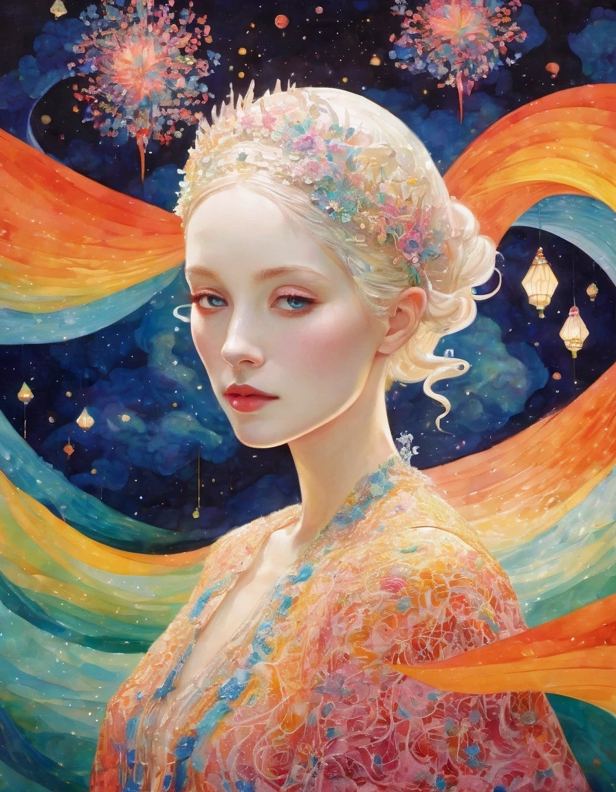 in style of Marie Laurencin, beautiful details，1 Beautiful girl standing in glowing text waves，Beautiful surreal,   magic, orientalisme, (Kay Nielsen's (Kay Nielsen) Illustrations drawn by Ryan McGinley (Pipilotti Rist))，in style of Isometric, portrait, beautiful detailed