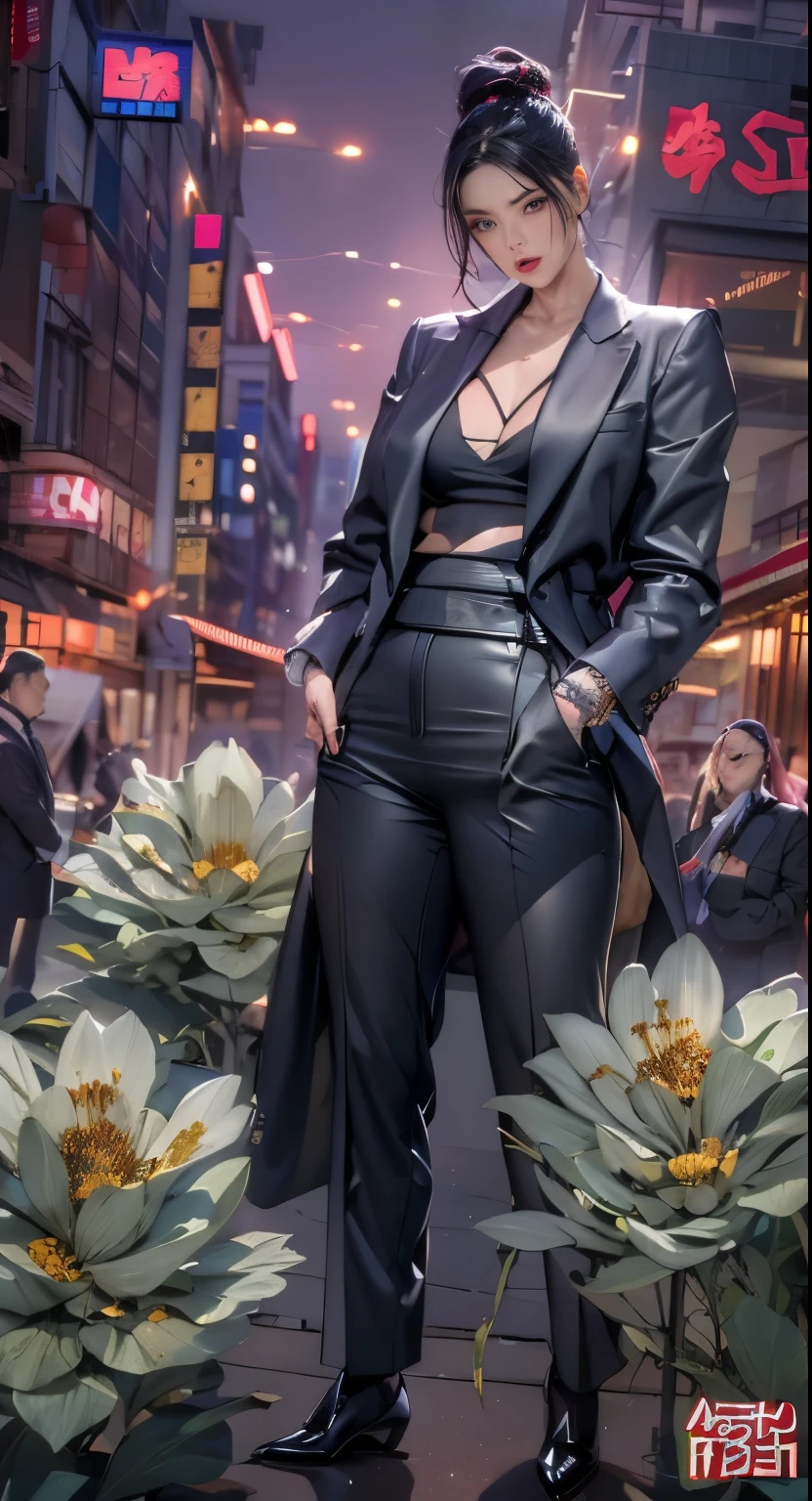 Yakuza heroine on the streets of Japan, A group of gang members stood behind,mixed korean,Detailed background,street background,complex background,Crowd focus,in the crowd,movie lighting,(((masterpiece))), ((best quality)), ((complex and detailed)), ((Surrealism)), ridiculous resolution, milf, mature woman, perspective, Very detailed, Enlightenment, 1 girl, Thin waist, thick hips,long legs,Beautiful and delicate eyes, Short hair details, black hair color hair, purple eyes, (gangster suit:1.2),Tattoos are,Large flower arms,Covered in tattoos,yakuza,黑帮organize,gangster godfather,Gangster woman,organize,gangster section,gang boss的女人,Japan Yamaguchi Formation,yakuza woman,,full back tattoos,gang boss,Sexy and feminine,(no underwear),, detailed background, perfect eyes, Seductive eyes, looking at the audience,from the front,Lightweight to wear,