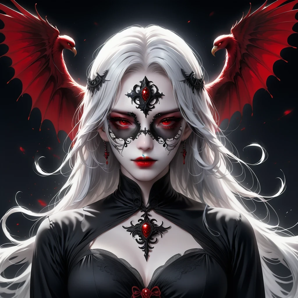 (Hand holding mask:1.5),(White-haired ghost,straight hair,Red eyes),(gothic art),(Fear:1.5),(correct human anatomy:1.37)