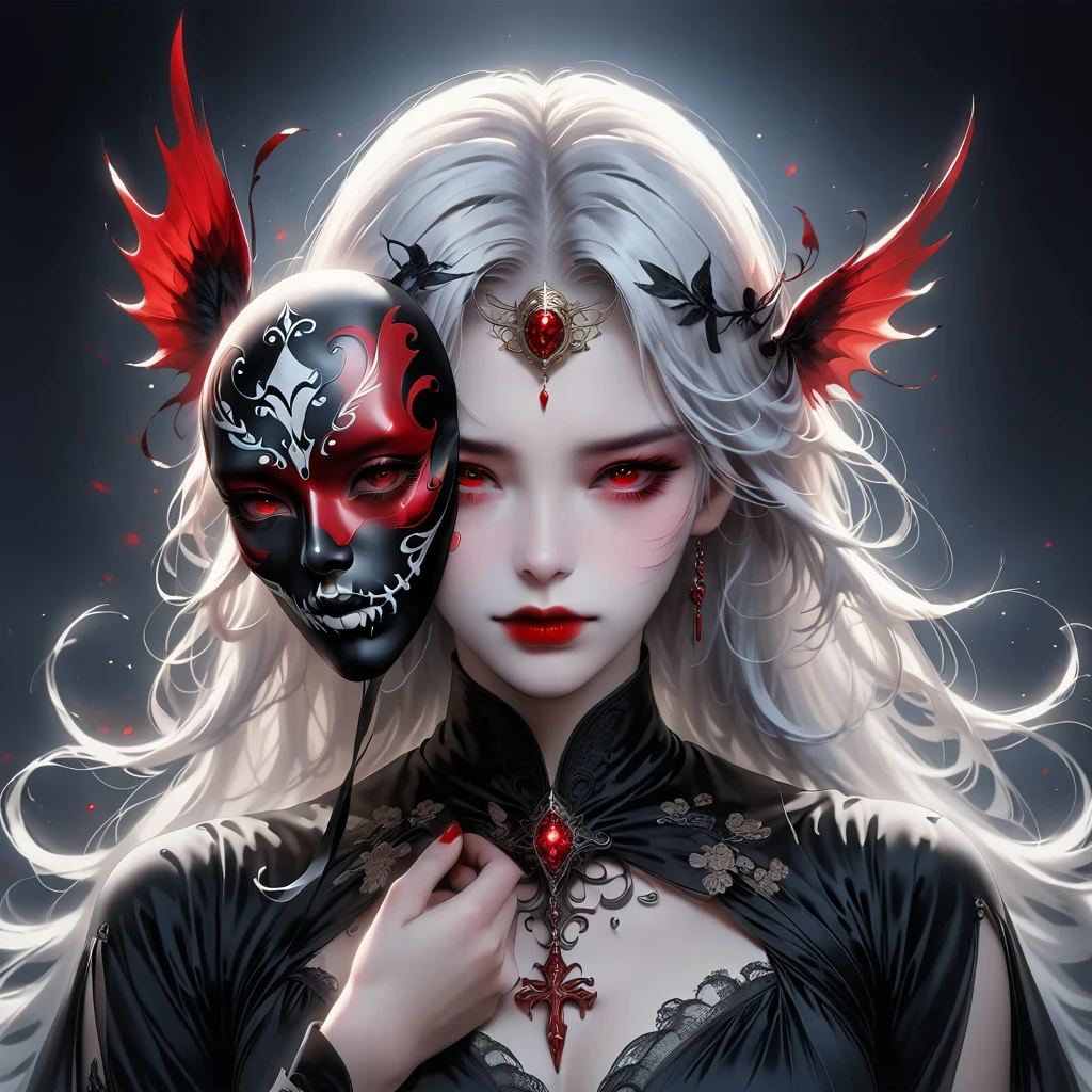 （Hand holding mask：1.5），（White-haired ghost，straight hair，Red eyes），（gothic art），（Fear：1.5），（correct human anatomy：1.37）