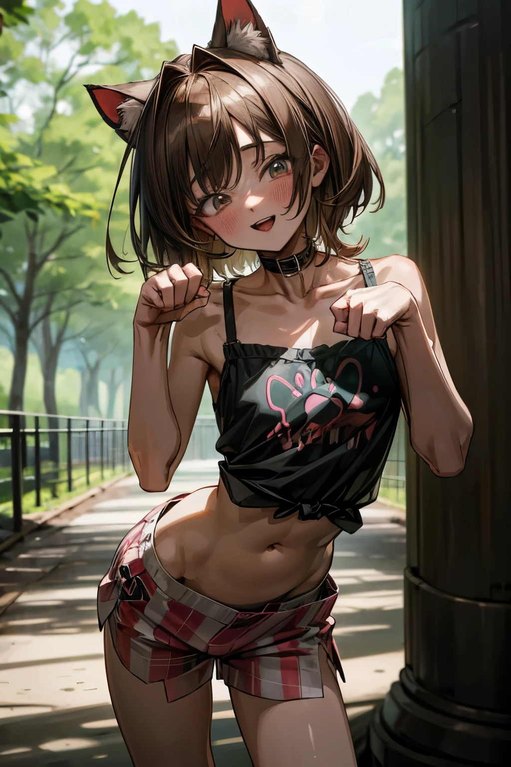 ((Masterpiece)), (Anime:1.5), ((best quality)), (RAW photo:1.2), (High Definition:1.3), (Professional Photography:1.2), (glowing light), 1girl, (()), (naughty smile), open mouth, looking at viewer, (slightly exposed navel), (oversized cheep white camisole), barearms, unruly hair, medium hair, (collar around the neck), pale brown hair, put on cat ears, (small breast), cute hip, (loose Boxer shorts), BREAK, ((best quality)), (paw pose:1.4), (inside the creepy park),