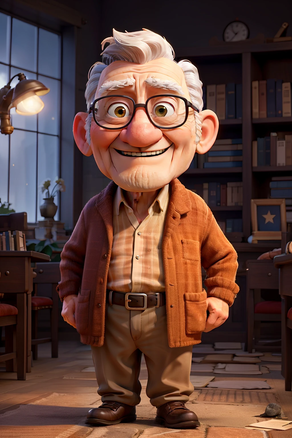 face of a wise old man standing in a library looking into the camera light smile