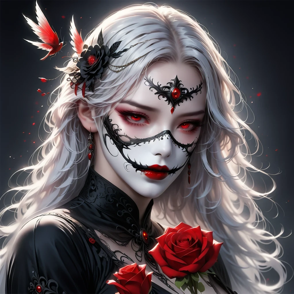 （Hand holding mask：1.5），（White-haired ghost，straight hair，Red eyes），（gothic art），（Fear：1.5），（correct human anatomy：1.37）
