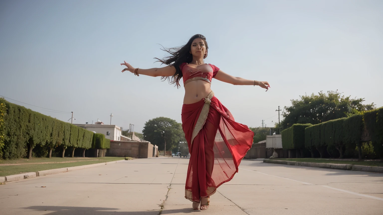create a beautiful image of a beautiful Indian desi mature sexy lady in a dancing pose wearing saree and ornaments, full body image, realistic image, 8k image, saree flying due to wind