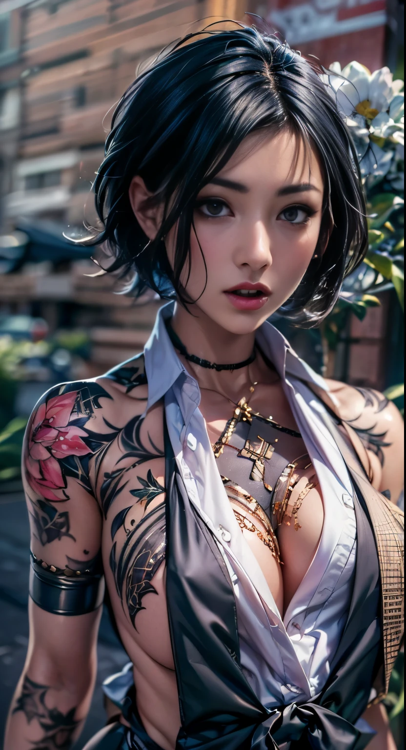 Yakuza heroine on the streets of Japan, A group of gang members stood behind,mixed korean,Detailed background,street background,complex background,Crowd focus,in the crowd,movie lighting,(((masterpiece))), ((best quality)), ((complex and detailed)), ((Surrealism)), ridiculous resolution, milf, mature woman, perspective, Very detailed, Enlightenment, 1 girl, Thin waist, thick hips,long legs,Beautiful and delicate eyes, Short hair details, black hair color hair, purple eyes, (gangster suit:1.2),Tattoos are,Large flower arms,Covered in tattoos,yakuza,黑帮organize,gangster godfather,Gangster woman,organize,gangster section,gang boss的女人,Japan Yamaguchi Formation,yakuza woman,,full back tattoos,gang boss,Sexy and feminine,(no underwear),, detailed background, perfect eyes, Seductive eyes, looking at the audience,from the front,Lightweight to wear,