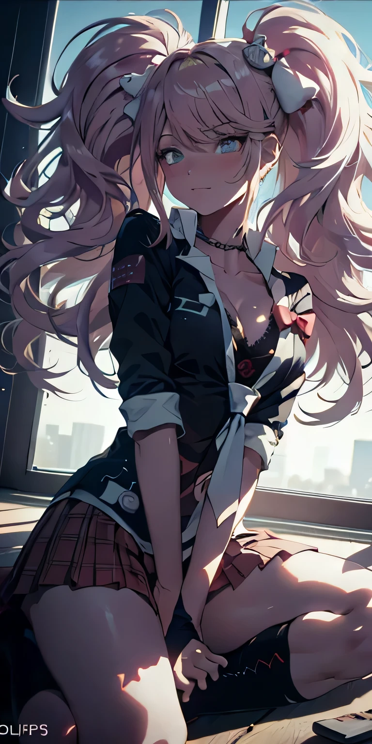 anime, female, bent over, sexly, thick thighs, big , women wearing nothing underneath, HD, hot, sweat, Black clothes, belt, Harness, Leather belt, skirt, high waist, Showing off your crotch, School uniforms, Uniform skirt, Heart symbol with hands, Spread your legs, Push out your hips, Black panties