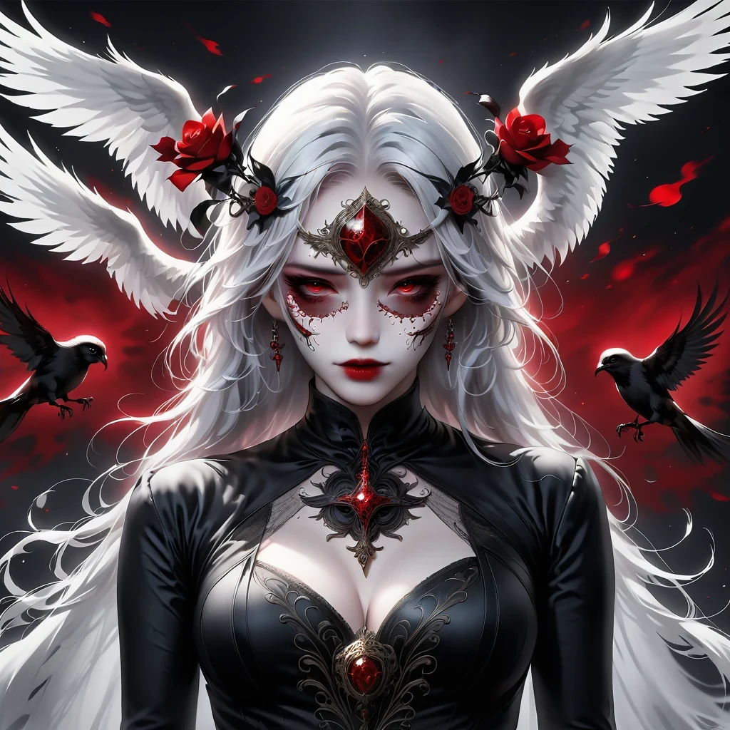 (Hand holding mask:1.5),(White-haired ghost,straight hair,Red eyes),(gothic art),(Fear:1.5),(correct human anatomy:1.37)