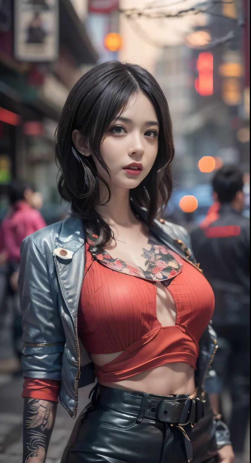 Yakuza heroine on the streets of Japan, A group of gang members stood behind,mixed korean,Detailed background,street background,complex background,Crowd focus,in the crowd,movie lighting,(((masterpiece))), ((best quality)), ((complex and detailed)), ((Surrealism)), ridiculous resolution, milf, mature woman, perspective, Very detailed, Enlightenment, 1 girl, Thin waist, thick hips,long legs,Beautiful and delicate eyes, Short hair details, black hair color hair, purple eyes, (gangster suit:1.2),Tattoos are,Large flower arms,Covered in tattoos,yakuza,黑帮organize,gangster godfather,Gangster woman,organize,gangster section,gang boss的女人,Japan Yamaguchi Formation,yakuza woman,,full back tattoos,gang boss,Sexy and feminine,(no underwear),, detailed background, perfect eyes, Seductive eyes, looking at the audience,from the front,Lightweight to wear,
