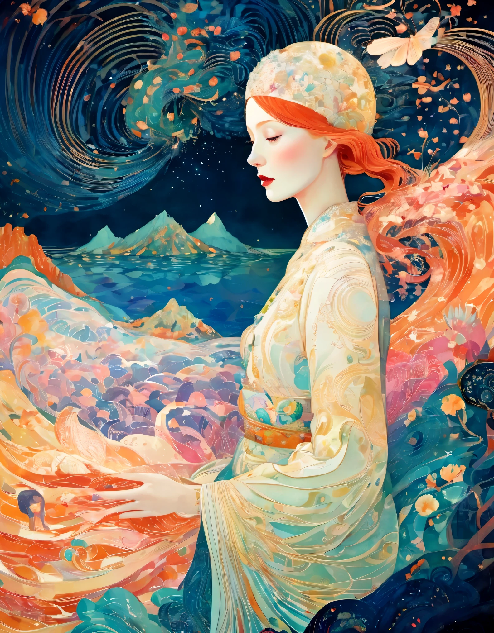 in style of Victo Ngai, beautiful details，in style of Marie Laurencin, beautiful details，1 Beautiful girl standing in glowing text waves，Beautiful surreal,   magic, orientalisme, (Kay Nielsen's (Kay Nielsen) Illustrations drawn by Ryan McGinley (Pipilotti Rist))，in style of Isometric, portrait, beautiful detailed