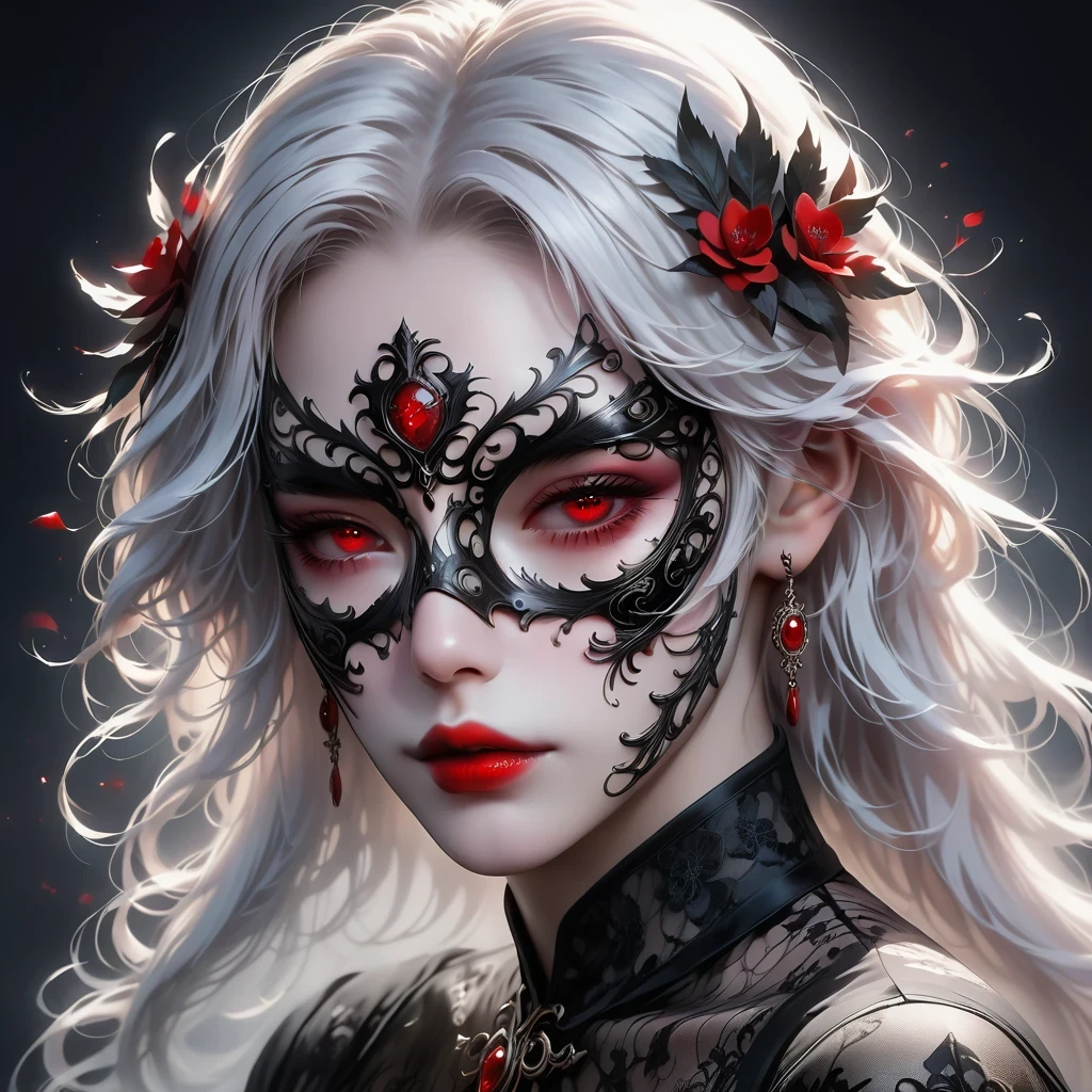 （Hand holding mask：1.5），（White-haired ghost，straight hair，Red eyes），（gothic art），（Fear：1.5），（correct human anatomy：1.37）