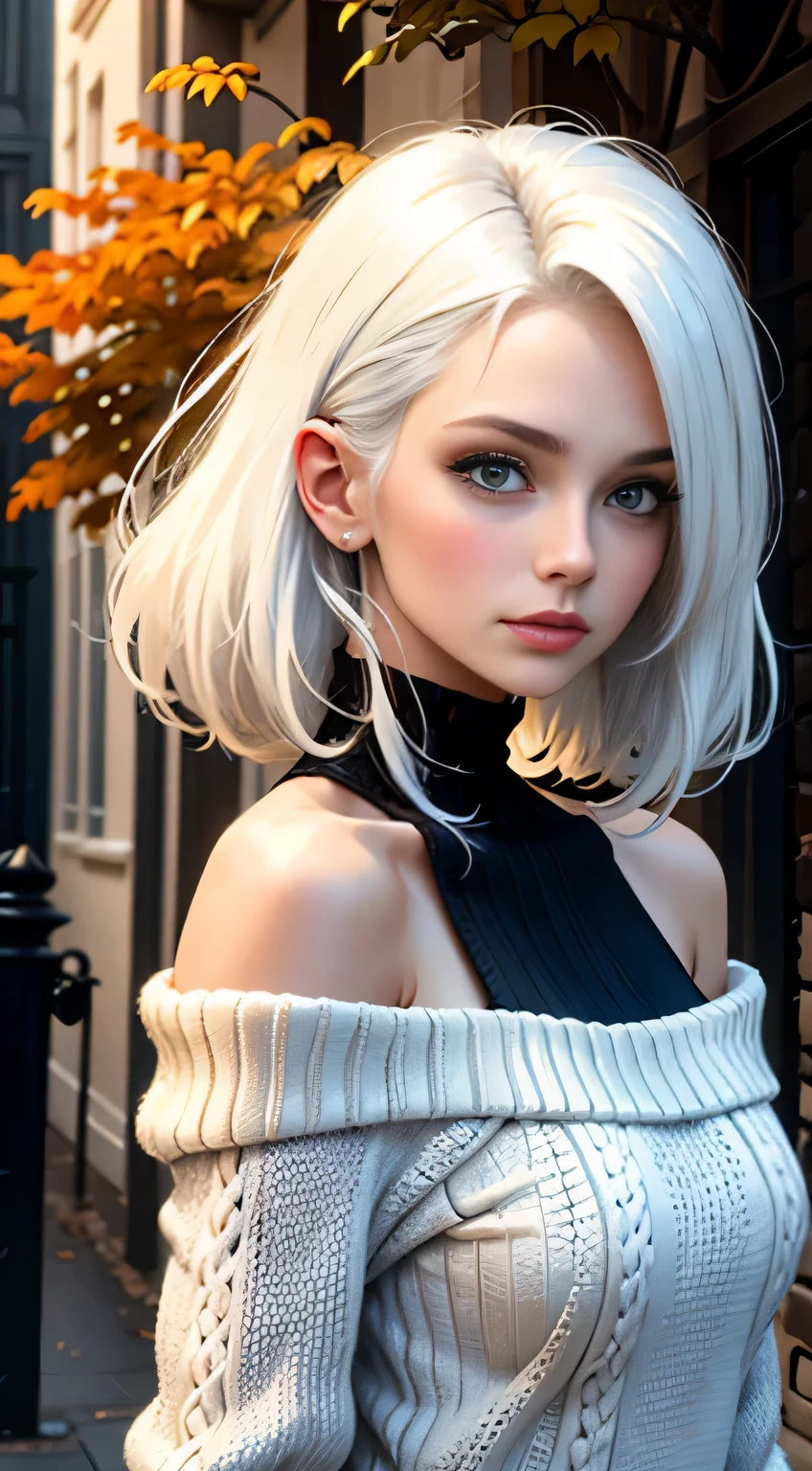 Medium Shot Shot, A beautiful woman looks at the camera, White hair, Chris Foss autumn off-the-shoulder sweater