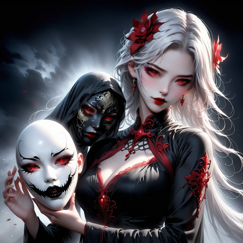 （Hand holding mask：1.5），（White-haired ghost，straight hair，Red eyes），（gothic art），（Fear：1.5），（correct human anatomy：1.37）