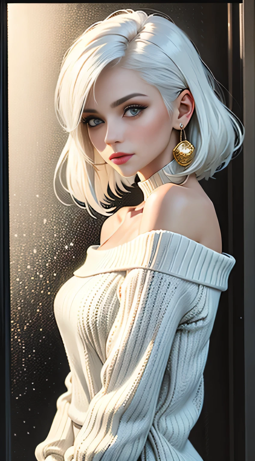 Medium Shot Shot, A beautiful woman looks at the camera, White hair, Chris Foss autumn off-the-shoulder sweater