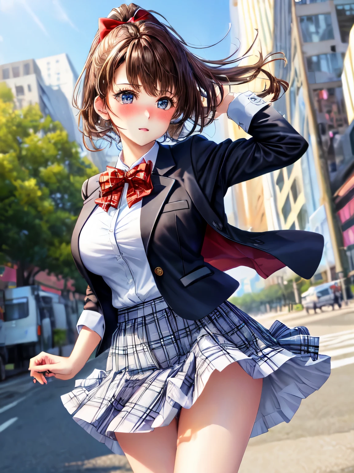 ((highest quality, High resolution, perfect pixel, 4k))), 1 woman, beautiful woman、I could see the whole body、walking down the subway stairs、lots of commuters、 ((ponytail, bangs, brown hair)), ((brown eyes, beautiful eyelashes, realistic eyes)), ((detailed face, blush:1.2))、((Anime CG style)), beautiful and big breasts、perfect body, ((red bow tie, Black open jacket, white shirt, plaid mini skirt)), embarrassed expression、 (The wind is blowing up my skirt:1.3)、(white lace satin panties:1.05), Diagonal side angle, dynamic angle、Naughty Wind